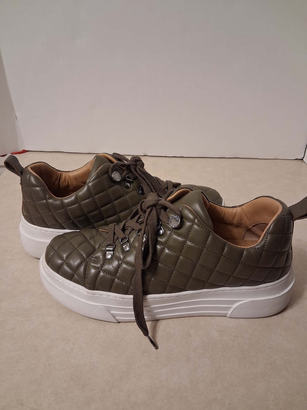 J Slides Olive Quilted Platform Sneakers with White Soles
